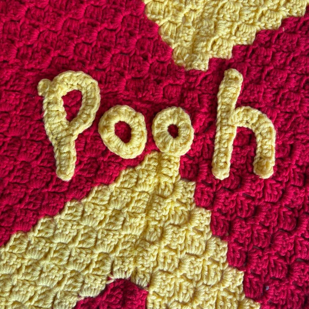 Handmade Winnie the Pooh Crochet Blanket Square Red Yellow Nursery Decor 24